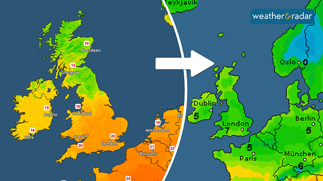 Split-screen weather map of Europe showing warmer orange-yellow temperatures over the UK and cooler green-blue conditions across northern and central Europe, with a large white arrow pointing east.