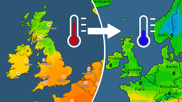 Split weather temperature map of Europe with a red thermometer over the UK and a blue thermometer over mainland Europe, showing a shift from warmer to cooler conditions with an eastward arrow.