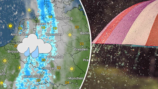 Wetterkarte zeigt Regen im Westen Deutschlands neben einem Regenschirm.