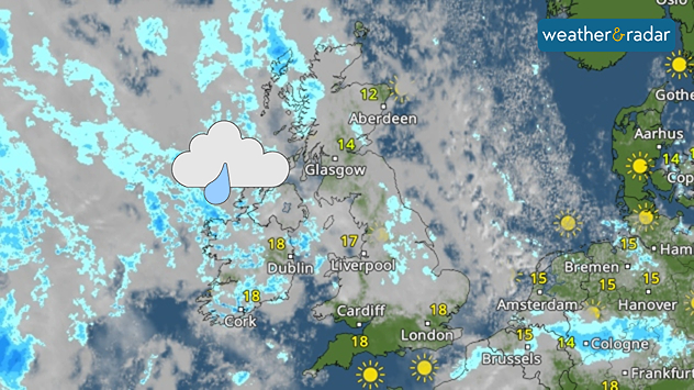 Weather map showing the UK and Ireland. Widespread cloud cover with showers across Ireland and in parts of the UK. Clear skies in south-west England.