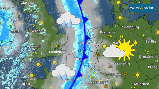 Een koufront trekt over de Benelux en is ingetekend als blauwe lijn. Regenwolken zijn daarbij ingetekend. Daarachter staat een zon met een wolkje ingetekend. 