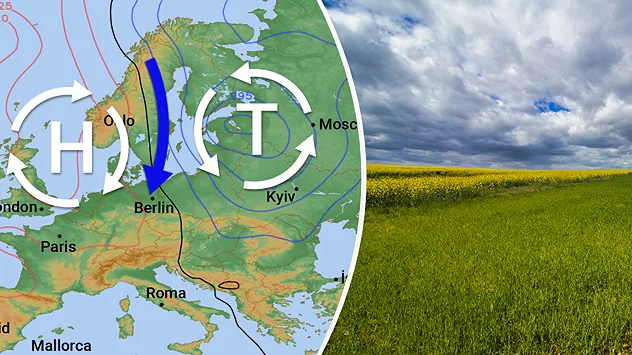 Wetterkarte Europas mit Hoch und Tief und engen Isobaren Pfeile markieren kräftige Luftströmungen und Wind Rechts eine Wiese unter wolkigem Himmel