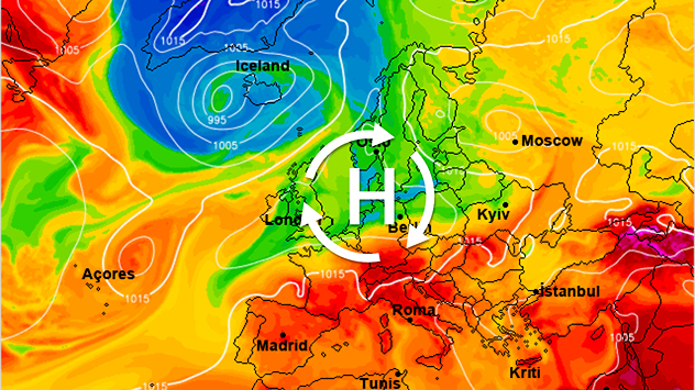 De Europese weerkaart voor begin volgende week laat een zomerse setting zien met een hogedrukgebied in de buurt, dat voor zonnig en warm weer zorgt.