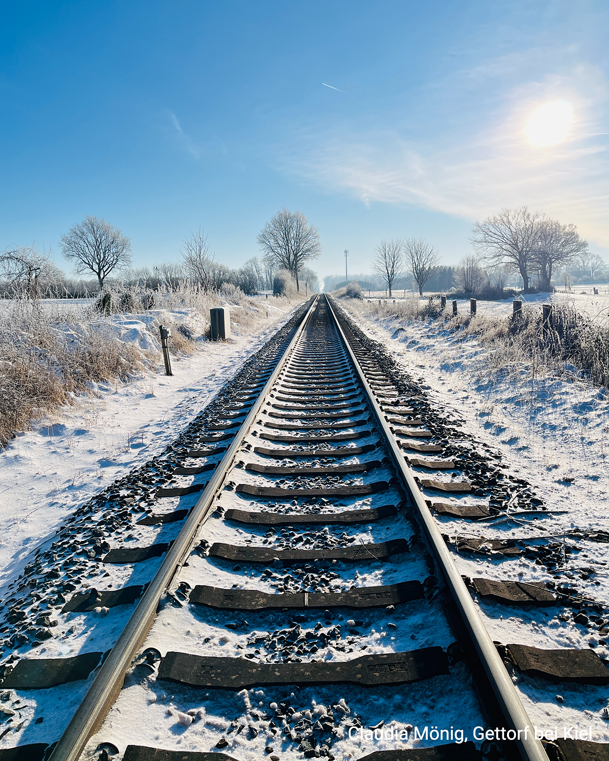 Verschneite Bahngleise ziehen sich durch eine winterliche Landschaft unter blauem Himmel. Bäume und Wiesen sind frostig bedeckt.