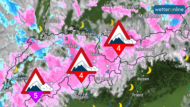 WetterRadar zeigt viel Schnee in pinken Farbtönen. Dazu gibt es Warnschilder mit Hinweisen zur Lawinengefahr.