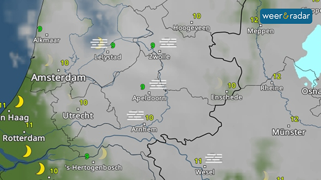 De afbeelding van de WeerRadar van midden Nederland. De WeerRadar toont daarop mist.