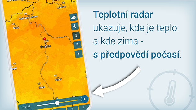 Telefon s aplikací Počasí & Radar a Teplotním radarem, který zobrazuje aktuální teploty i jejich předpověď.