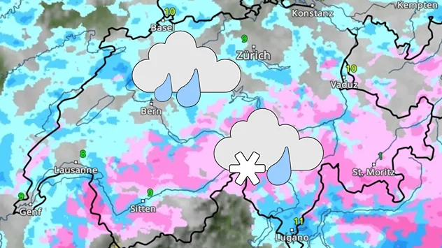 WetterRadar für die Schweiz für Freitag zeigt Regen und Schnee in den Bergen.