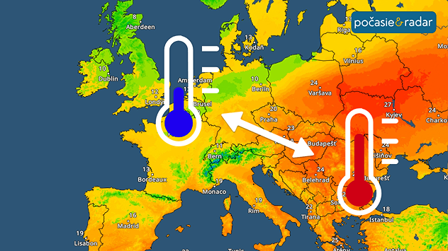 Mapa Európy s výrazným teplotným rozdielom medzi chladnejším západom a teplým východom až juhovýchodom