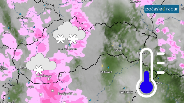Snímka meteoradaru s vyznačením miest, kde bude snežiť spolu so zobrazením teplomera s nízkou teplotou.
