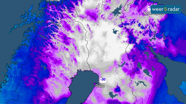Een temperatuurkaart van Lapland met blauwe tot witte kleuren die zeer strenge vorst tot wel min 40 graden aangeven.