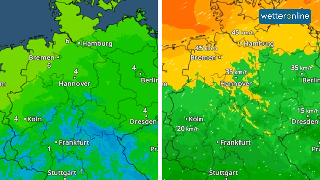 TemperaturRadar und WindRadar für Montagnachmittag