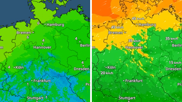 TemperaturRadar und WindRadar für Montagnachmittag