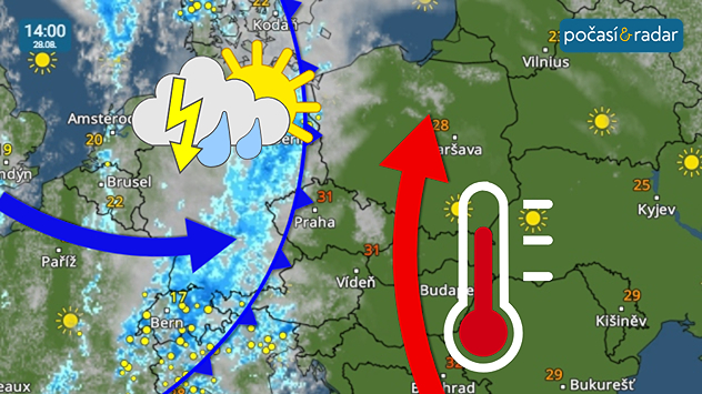 Meteoradar, screenshot, čtvrtek 28. 8. 14:00: Teplé jižní proudění do Česka vyvrcholí ve čtvrtek před příchodem studené fronty od západu.
