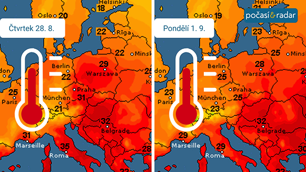 Srovnání maximálních teplot v Evropě, předpověď - nalevo čtvrtek 28. 8., napravo pondělí 1. 9.: Ochlazení, které k nám na závěr současného týdne dorazí, nebude až tak výrazné. Například i první zářijové pondělí by mělo do Česka přinést poměrně vysoké odpolední teploty kolem 25 °C.