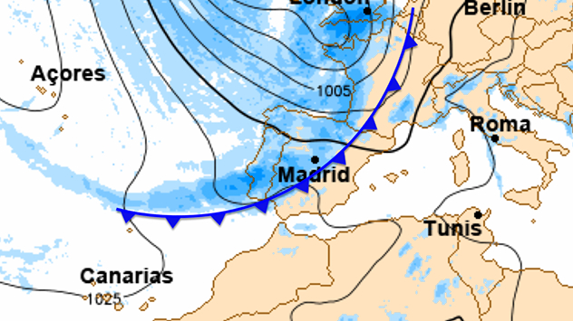 Un frente atlántico, asociado a una borrasca situada en las islas Británicas, irrumpe por Galicia y en las próximas horas intentará avanzar hacia el interior peninsular.&nbsp;