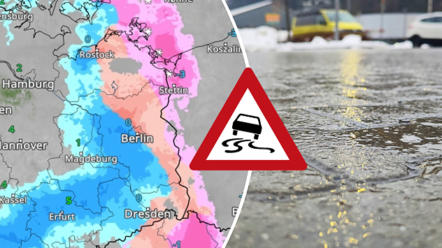 WetterRadar zeigt ein Niederschlagsband über Ostdeutschland. Schnee im Westen, teils gefrierender Regen Richtung Brandenburg und Polen.