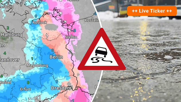 WetterRadar zeigt ein Niederschlagsband über Ostdeutschland. Schnee im Westen, teils gefrierender Regen Richtung Brandenburg und Polen. (c) rechts: Andreas Neuner via WetterMelder Deutschland