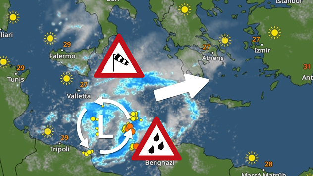 A weather map shows a powerful low-pressure system over the Mediterranean, with warning symbols for storms and heavy rain.