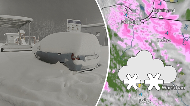 Ляво: Напълно затрупана от сняг кола на паркинг през нощта. Дясно: Метеорологичен радар с валежи в Полша