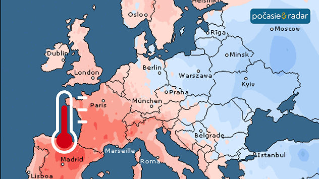 Mapa Európy s teplejším západom a chladnejšou východnou časťou kontinentu
