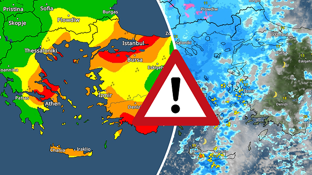 Radar a mapa výstrah ukazují silné bouřky a přívalové deště v Řecku a západním Turecku.