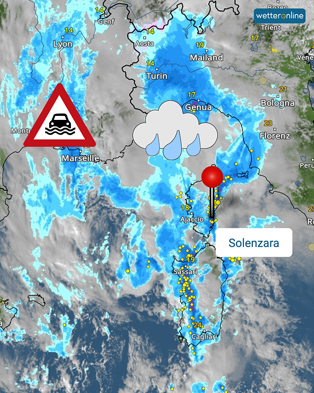 Radar počasí ukazuje silné srážky nad jižní Francií, severní Itálií, Korsikou a Sardinií. Varovný symbol upozorňuje na nebezpečí povodní.
