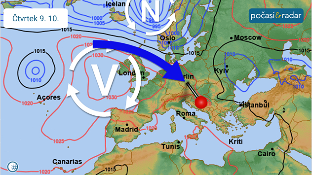 Synoptická situace nad Evropou, čtvrtek 9. 10. Česko zůstává v severozápadním proudění, které sem proniká mezi tlakovou výší se středem nad Britskými ostrovy a tlakovou níží nad severní Evropou.