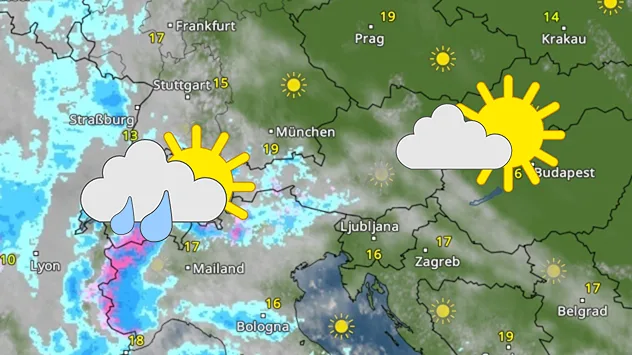 WetterRadar für Österreich zeigt Regen im Westen und mehr Sonne im Osten.