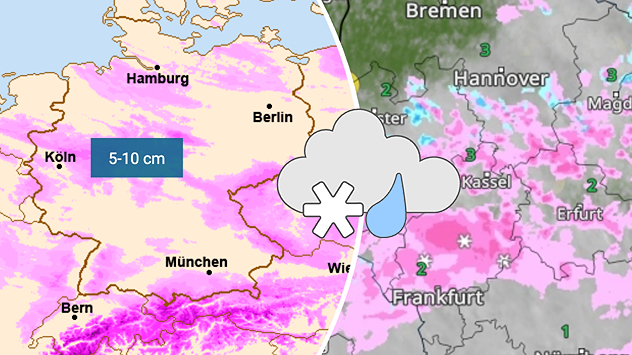 Die Karte zeigt eine Schneefallprognose für Deutschland. Besonders im Westen, Süden und im Alpenraum werden 5–10 cm Schnee erwartet. Symbole verdeutlichen Schnee- und Niederschlagsgebiete.