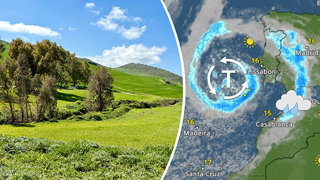 Grüne Landschaft in Marokko neben Wetterkarte mit Tiefdruckgebiet über dem Atlantik.