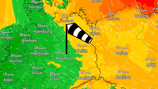 WindRadar zeigt kalten Nordwind im Osten
