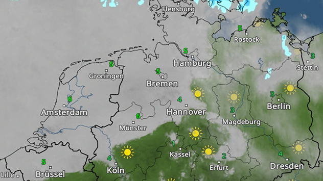 Wetterradar am Sonntagmorgen zeigt Niederschlagsgebiete über Teilen Deutschlands und Mitteleuropas.