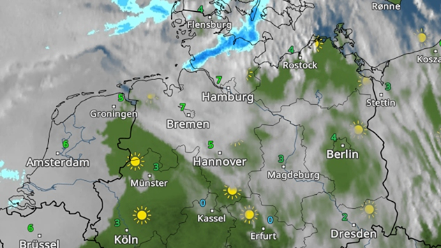 Wetterkarte von Nord- und Mitteldeutschland mit Regen im Norden und mehr Sonne im Westen und Süden.