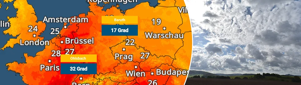 TemperaturRadar mit 32 Grad in Ohlsbach und 17 Grad in Baruth, daneben ein Himmel mit Quellwolken.