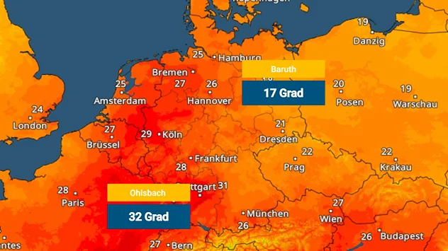 TemperaturRadar mit 32 Grad in Ohlsbach und 17 Grad in Baruth sowie großen Temperaturunterschieden.