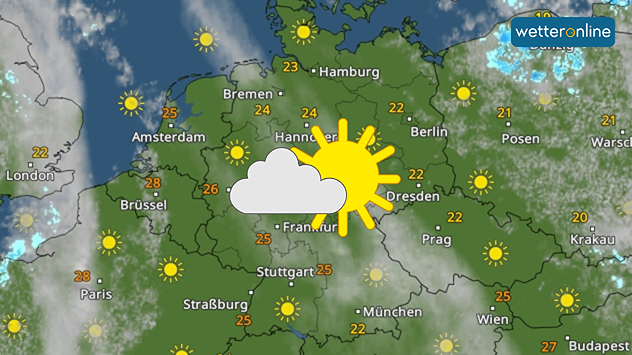 WetterRadar mit Sonne und Temperaturen über Deutschland.