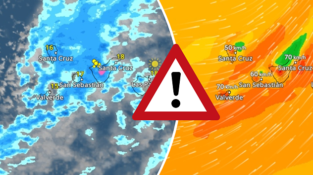 Meteorologická mapa Kanárských ostrovů s deštěm vlevo a větrem vpravo. Nárazy větru až do rychlosti přibližně 70 km/h a rozšířené srážky. Symbol varování upozorňuje na nepříznivé počasí.
