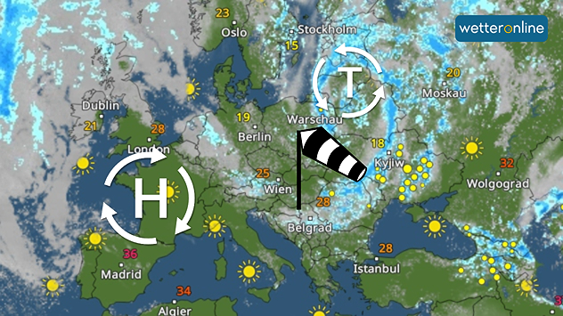WetterRadar Europas mit Hoch über Westeuropa und Tief über Osteuropa. Ein Windsack markiert die Zufuhr kühler Nordwestluft nach Mittel- und Osteuropa.