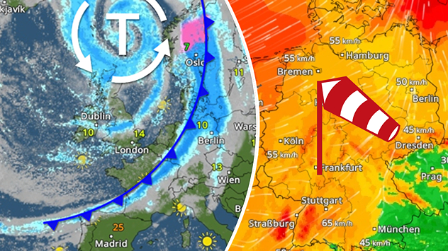 Links zeigt die Wetterkarte ein Tiefdruckgebiet mit Kaltfront von Irland bis Deutschland. Rechts werden stürmische Böen mit 50 bis 65 km/h über weiten Teilen Deutschlands dargestellt.