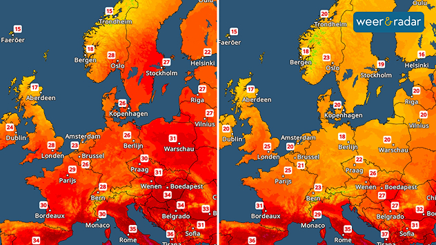 De maximumtemperatuur van vandaag en maandag in een groot deel van West-/Centraal-/Noord- en Oost-Europa ligt dan aanzienlijk lager. De verschillen zijn zichtbaar met op grote schaal 5 tot 10 graden afkoeling.