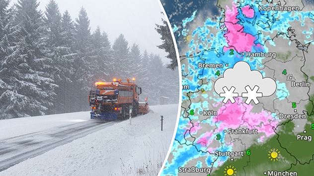 Winterdienst räumt Schnee auf einer Straße und WetterRadar zeigt Schneefälle