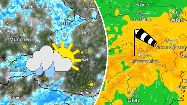 Links das WetterRadar mit Schauern für den Westen Österreichs, rechts das WindRadar.