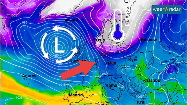 De weerkaart voor komende week toont een groot lagedrukgebied op de oceaan, die zacht lucht onze kant opstuurt. Diepvrieskou blijft echter dichtbij en ligt boven Scandinavie op de loer.