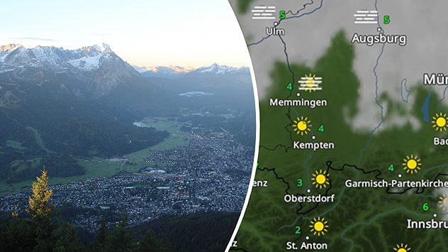 Blick auf die Alpen bei Garmisch-Partenkirchen mit eingeblendeter Wetterkarte und Sonnensymbolen. (c) foto-webcam.eu