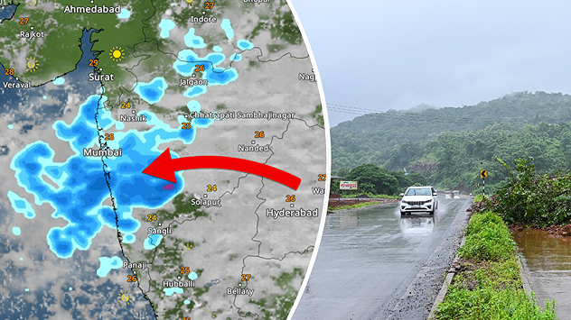 Image showing heavy rainfall over western India. Weather radar map highlights intense rain over Mumbai and surrounding regions. 