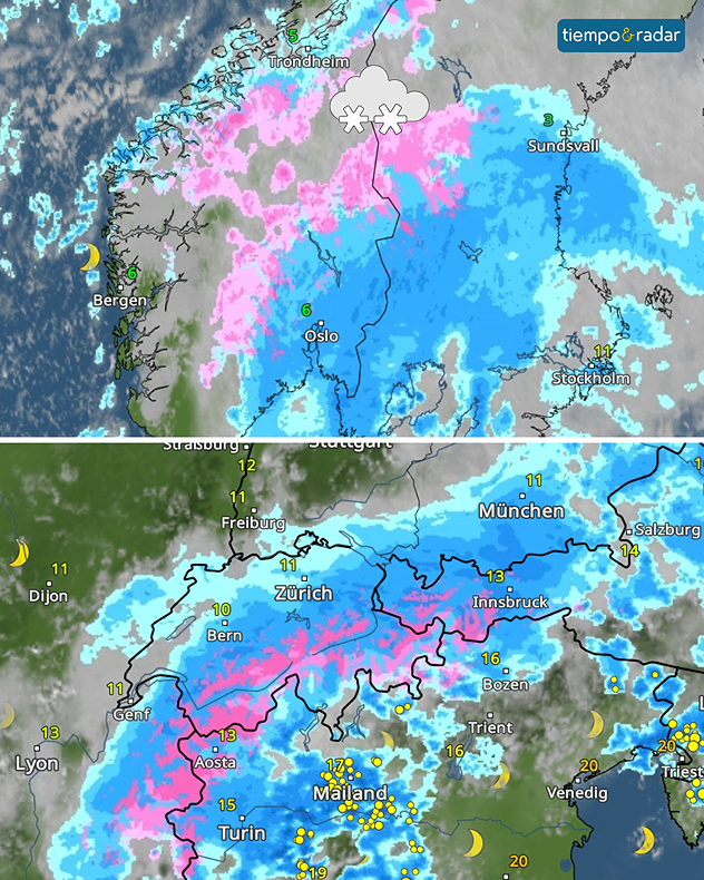 Imagen dividida. Arriba, un mapa meteorológico de Noruega con nieve y lluvia. Abajo: mapa meteorológico de los Alpes con lluvia, nieve y tormentas