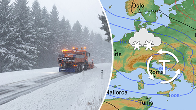 Schneepflug räumt eine verschneite Straße bei starkem Schneefall, neben einer Europakarte mit Tiefdruckgebiet und Schneesymbolen.