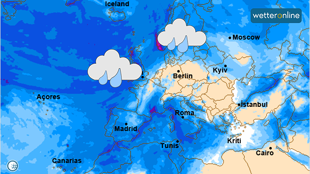 Die Grafik zeigt eine Wetterkarte Europas mit farbigen Niederschlags- bzw. Wolkenzonen. Zwei große Regenwolken-Icons liegen über Westeuropa und Mitteleuropa. Die Karte markiert verschiedene Städte wie Berlin, Madrid, Rom, Istanbul und Moskau.