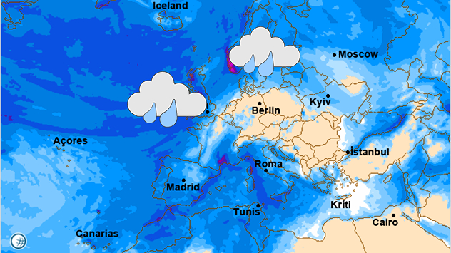 Die Grafik zeigt eine Wetterkarte Europas mit farbigen Niederschlags- bzw. Wolkenzonen. Zwei große Regenwolken-Icons liegen über Westeuropa und Mitteleuropa. Die Karte markiert verschiedene Städte wie Berlin, Madrid, Rom, Istanbul und Moskau.